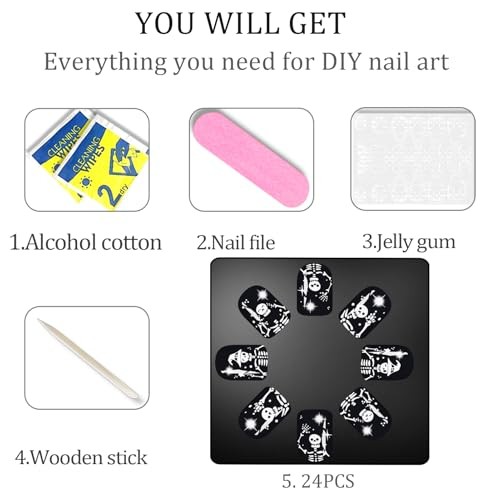 Halloween Press on Nails – Short Square Dark Black Fake Nails with White Skull