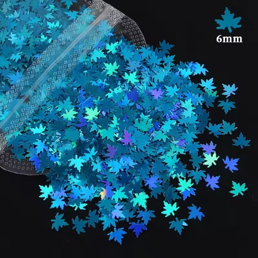 Blue Holographic Nail Glitter Maple Leaf 1tsp In A Minibag