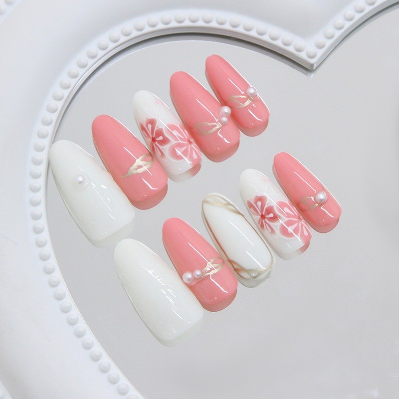 60pcs-Nude Pink Beige Press on Nails Cherry Blossom Print 3D Flower Almond Set