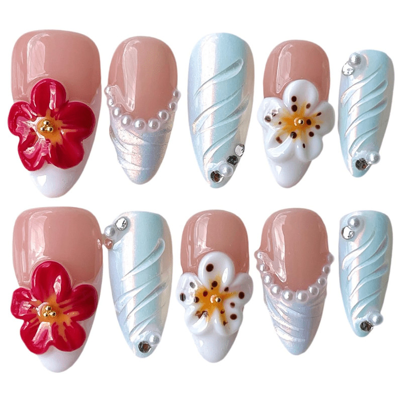 Handmade 3D Flower Pearl Rhinestone Press on Nails Medium Almond Nude Blue Ombre