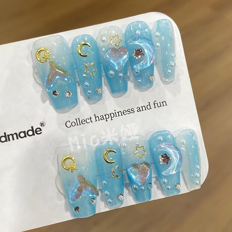 10pcs Cute Handmade Fake Nail Tips Small Monster False Nails with Bow Stars Patt