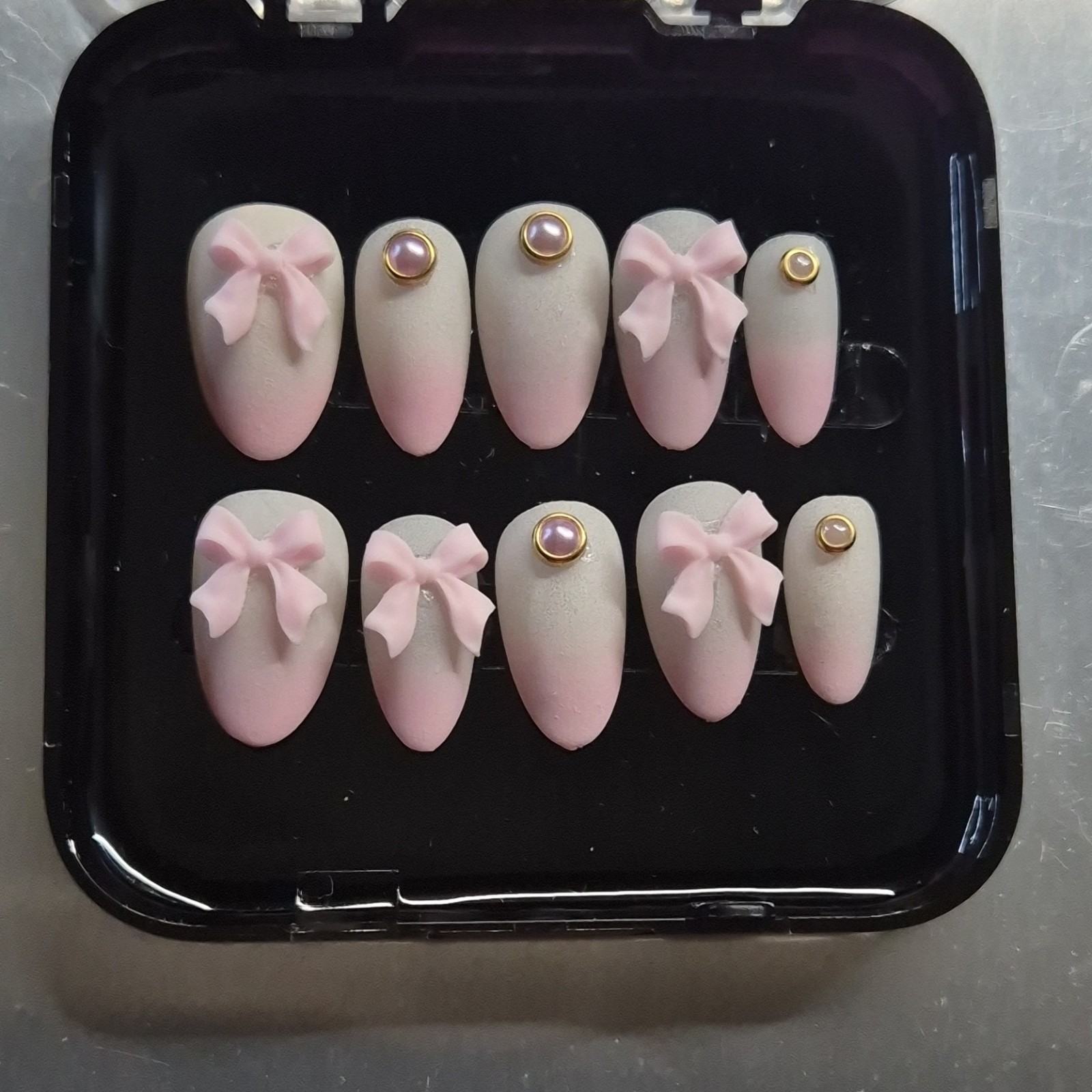 Pink White 3D Bow Oval Press-On Nails Set Pre-Designed Full Cover Medium