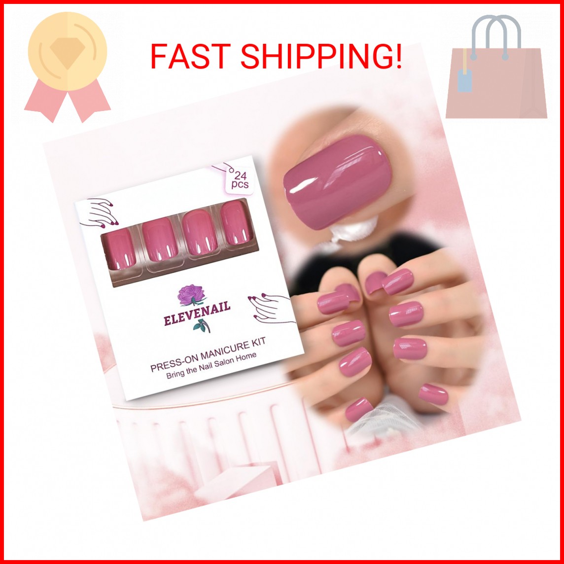 ELEVENAIL Daily Glossy Deep Purple Pink Red Press on False Nails Short Square Fa