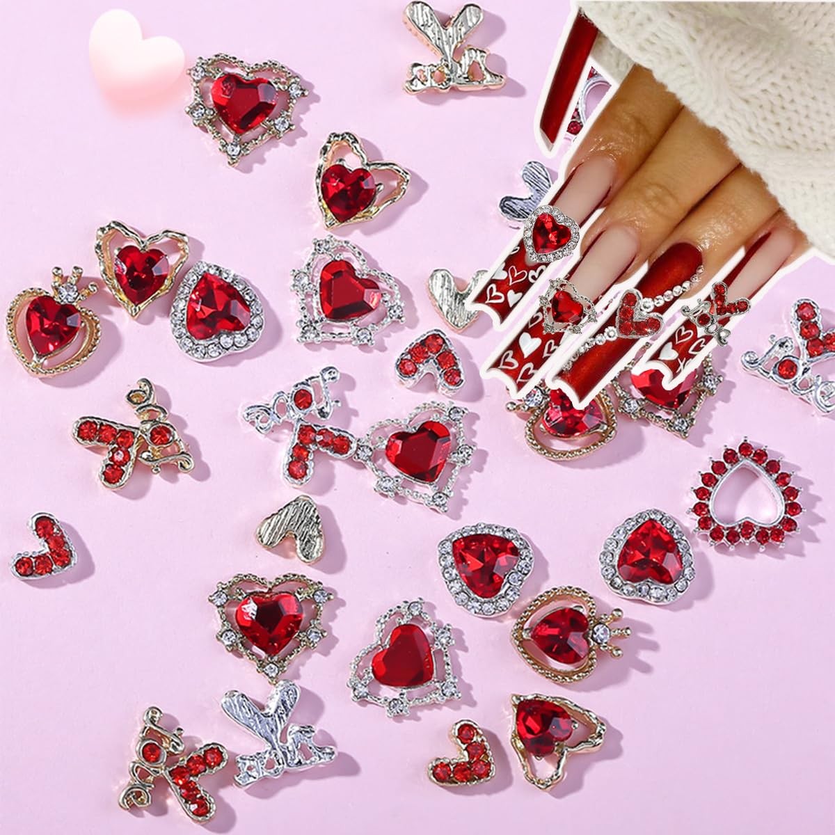 Valentines Nail Charms 22PCS Heart Rhinestone Nail Art Decorations