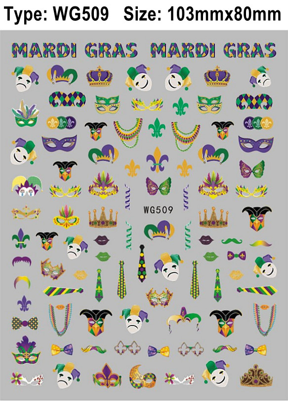 Mardi Gras Comedy Tragedy Mask Beads Fleur de Lis 3D Self-Adhesive Nail Stickers