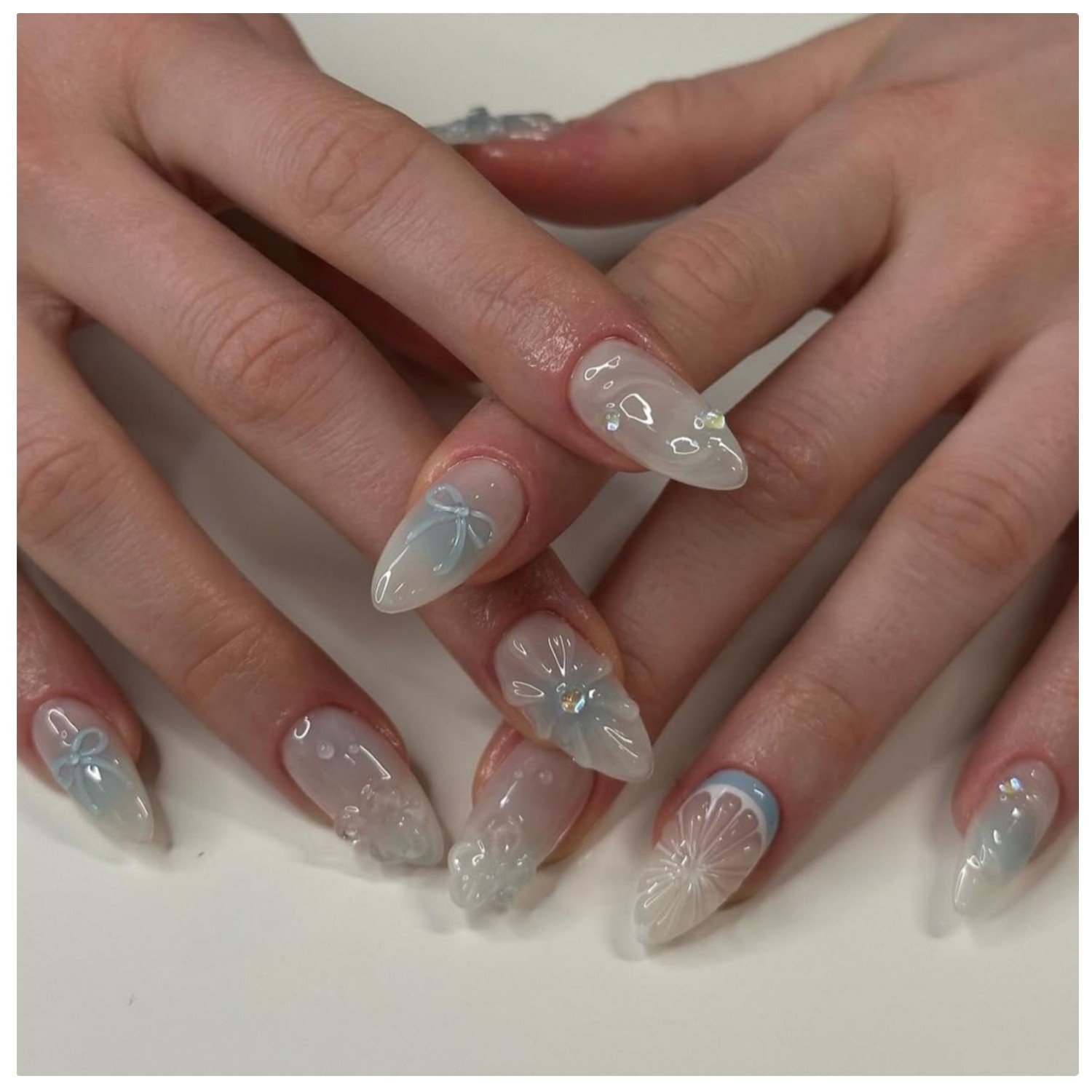 Medium Press on Nails Almond Fake Nails with 3D Lemon Design Blue Ombre Full …