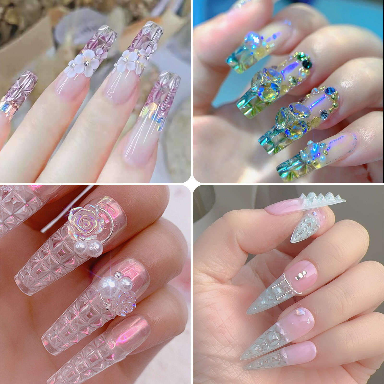 120 Pcs Clear Fiberglass mosaic Design False Nail Art Tips UV Gel Acrylic Nails