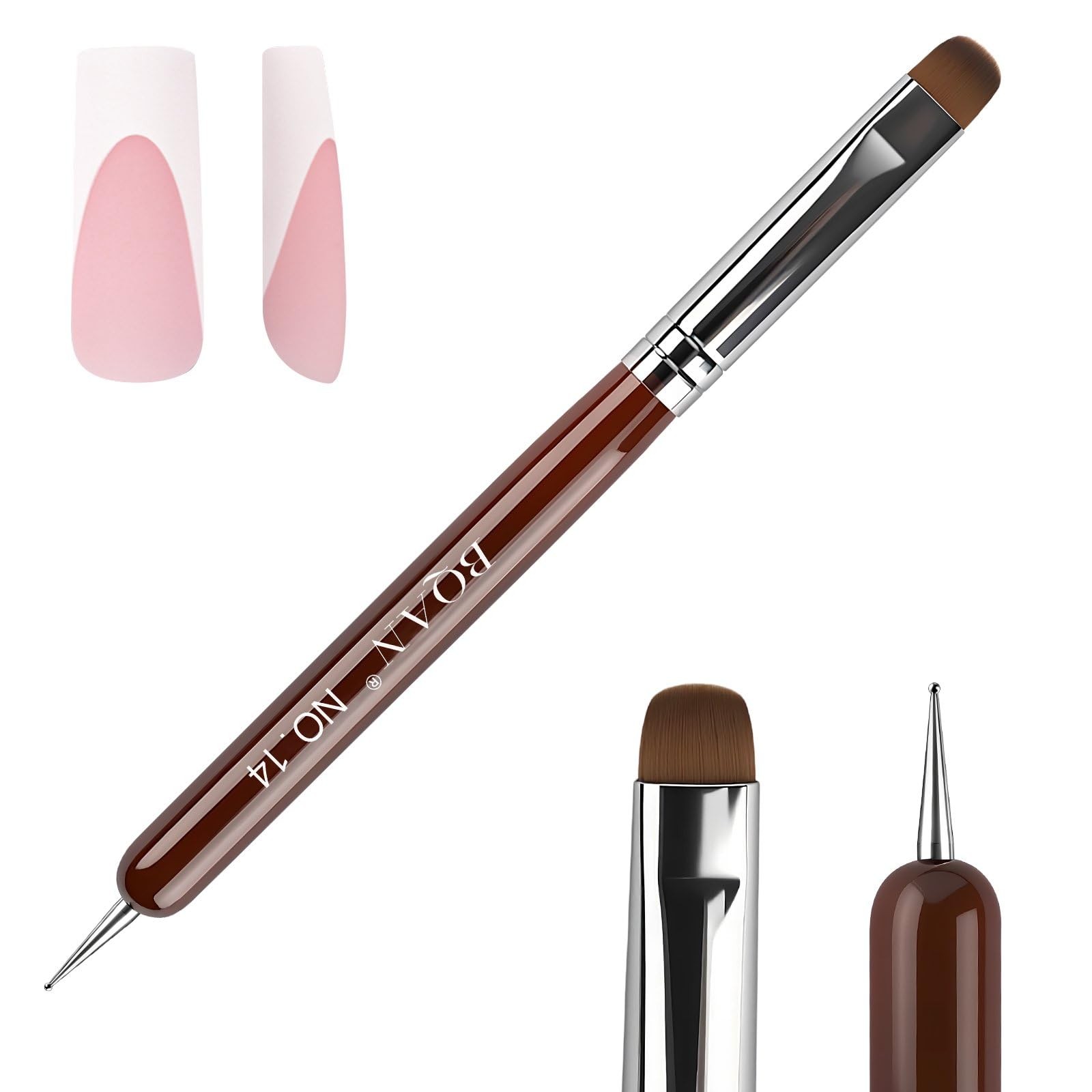 BQAN 2-Way French Tip & Clean Up Nail Brush 14# for Acrylic Nails 14#, Brown