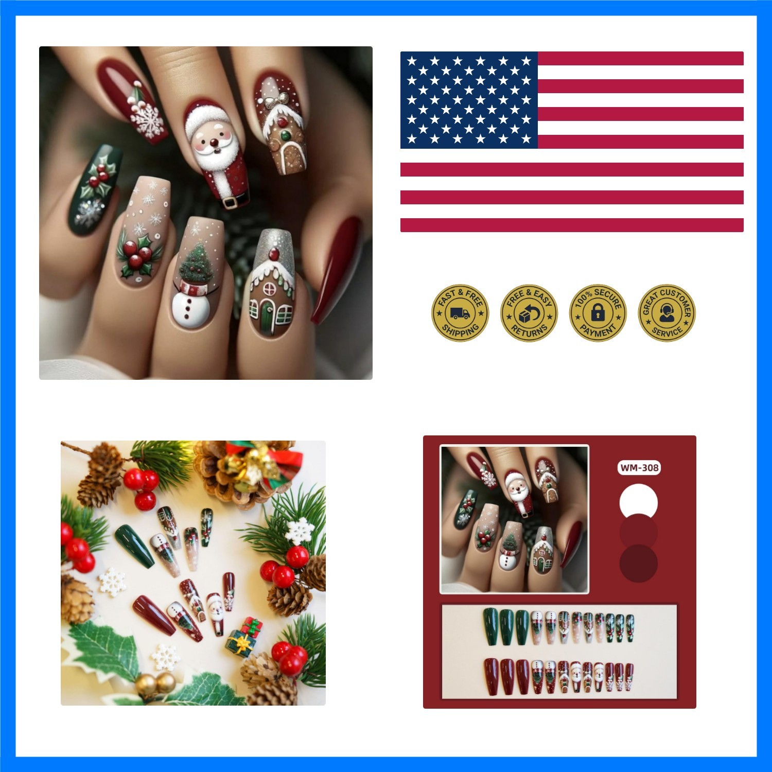 Christmas Press on Nails Medium Coffin Fake Nails with Xmas Snowflake Santa C…