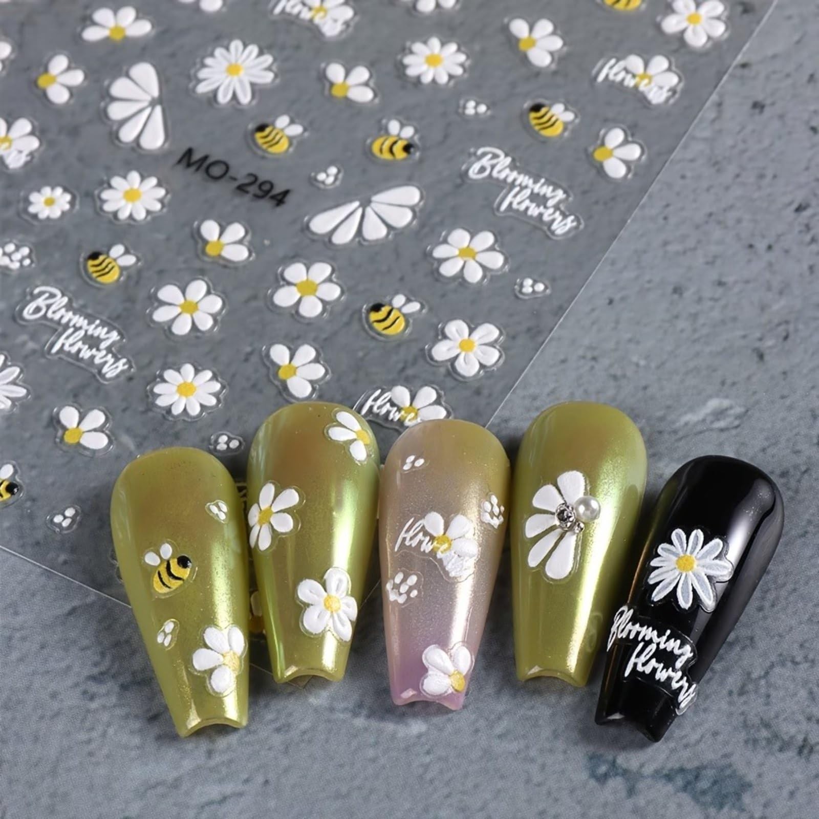 2 Sheets Spring Nail Art Stickers Decals Bee Flower Nail Decals 5D Embossed I…