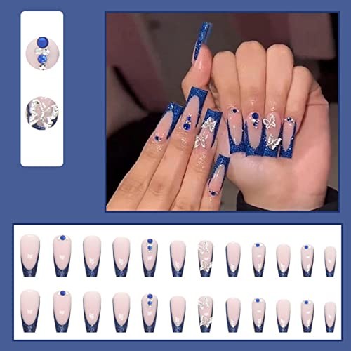 Long Press on Nails Square French Fake 24 Count (Pack of 1) Blue Butterfly