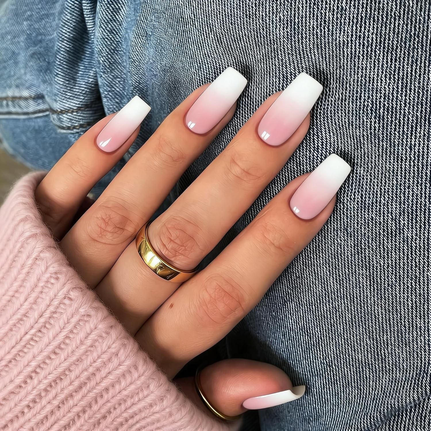 Long Square Press on Nails Ombre Pink French Tip Gradient White Set