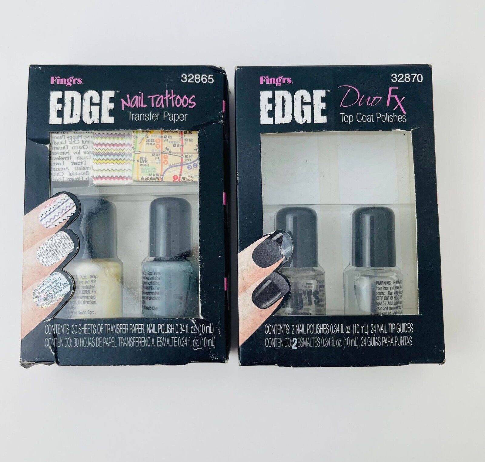 Set of 2 Combo Fing’rs Edge Nail Tattoos Transfer Paper, Duo Fx, Top Coat Polish