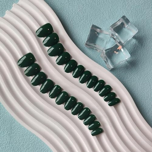 Press-on Nails, Short Oval Acrylic, 24 Pieces, Green, glossy dark green