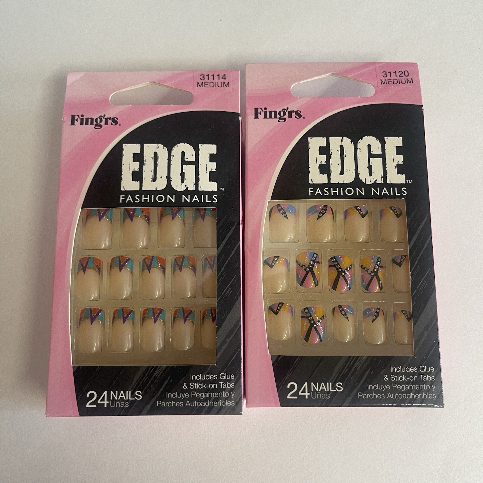 Set Of 2 Fing’rs Edge Fashion Nails Abstract Colored Tips Medium Nail Pinks