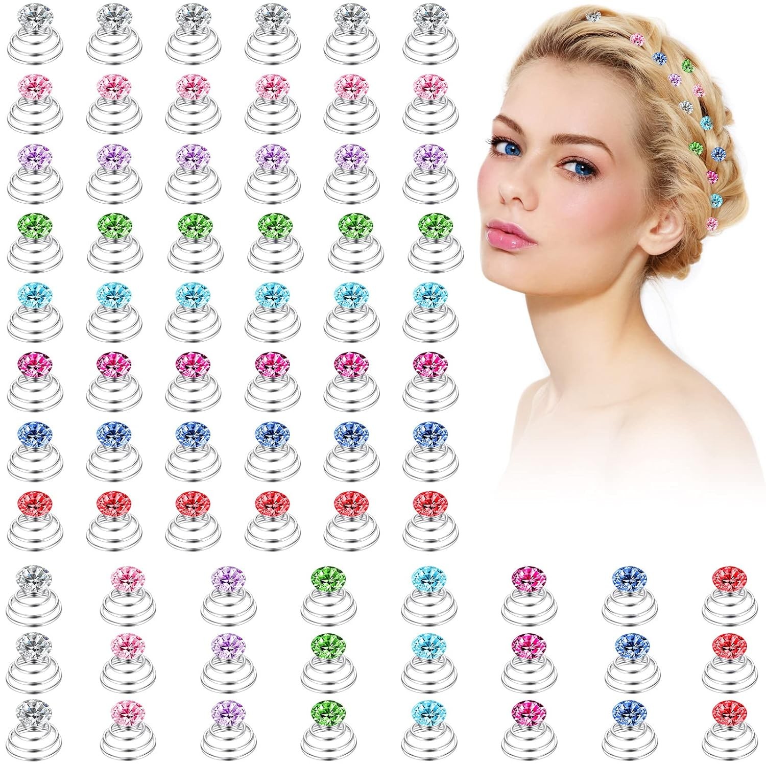72 Pieces Rhinestone Spiral Hair Pins Blue,White,Green,Red,Silver,Pink,Purple