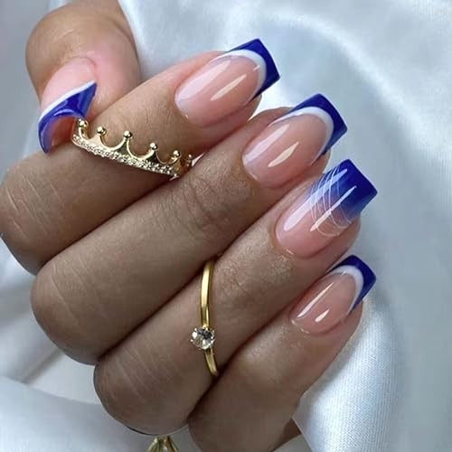 Blue Press on Nails Medium French Tip Fake Nails Square Glue on Blue French Tip