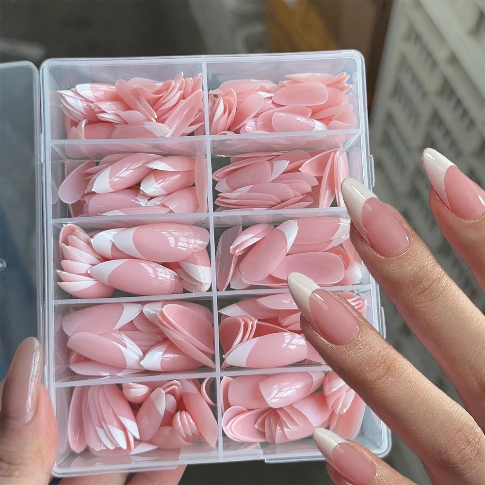 360/240/120pcs Light Pink Almond Press On Nails Glossy White French Fake Nail Si