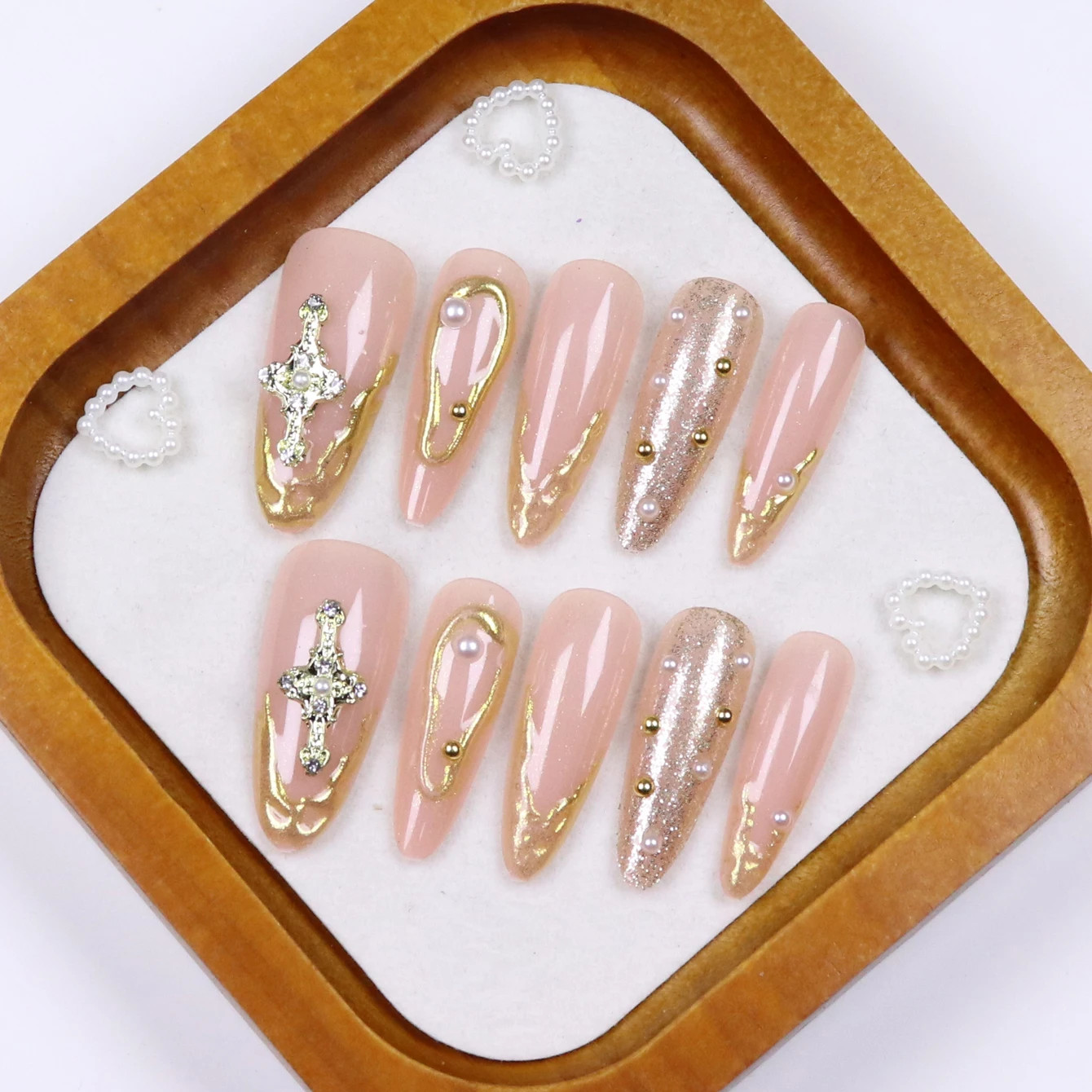 Leopard Print Nude Fake Nails 10PCS Short Square Diamond French Pointed Nails