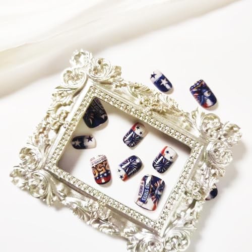 24Pcs 4th of July Press on Nails,Short Square Fake Nails Red White and Blue A43
