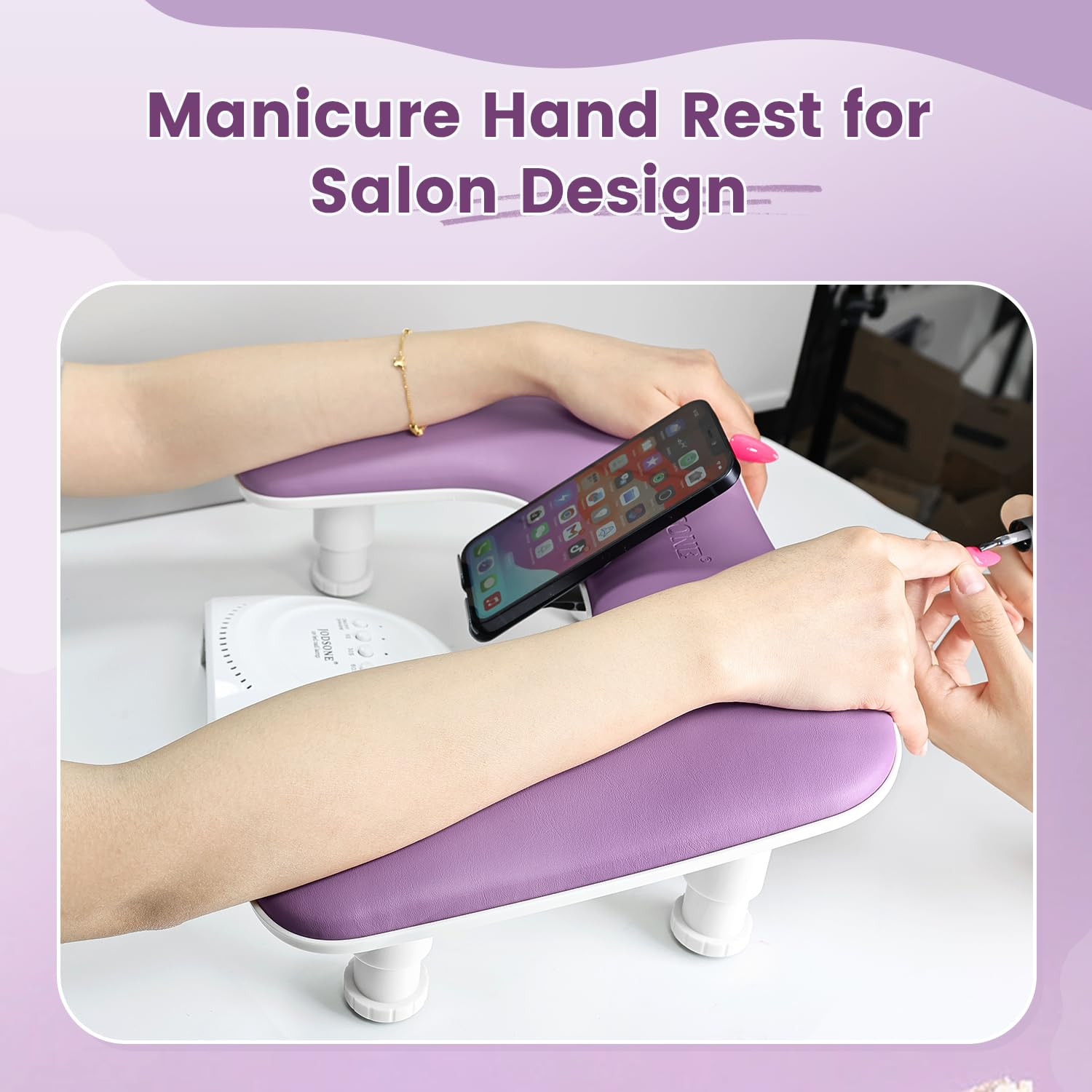 Purple U Shaped Manicure Arm Rest for Nails Tech with Rotating Phone Holder and