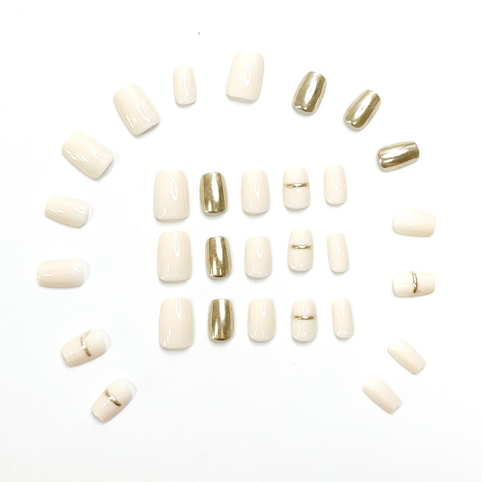 New Year Wearable nail Nude and Gold Metallic Design short Set of 24