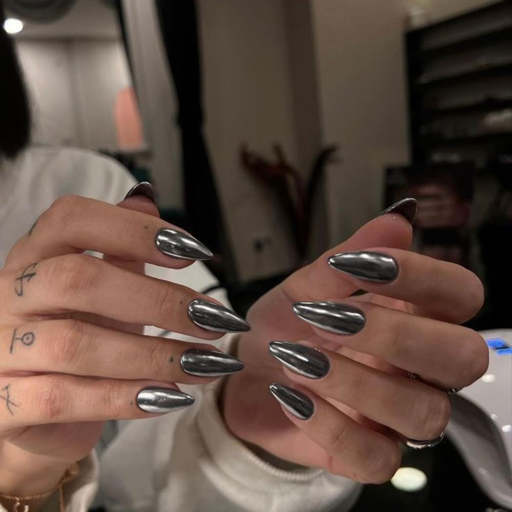 Black Chrome Press on Nails Medium Almond Nails Press ons Metallic Nails Glue on