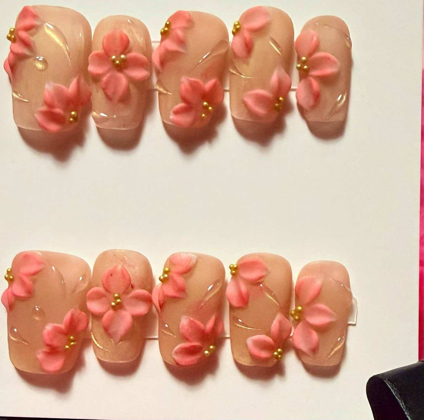Pink/Nude 3D Floral Square Press-On Nails Set, Short, Full Cover Acrylic