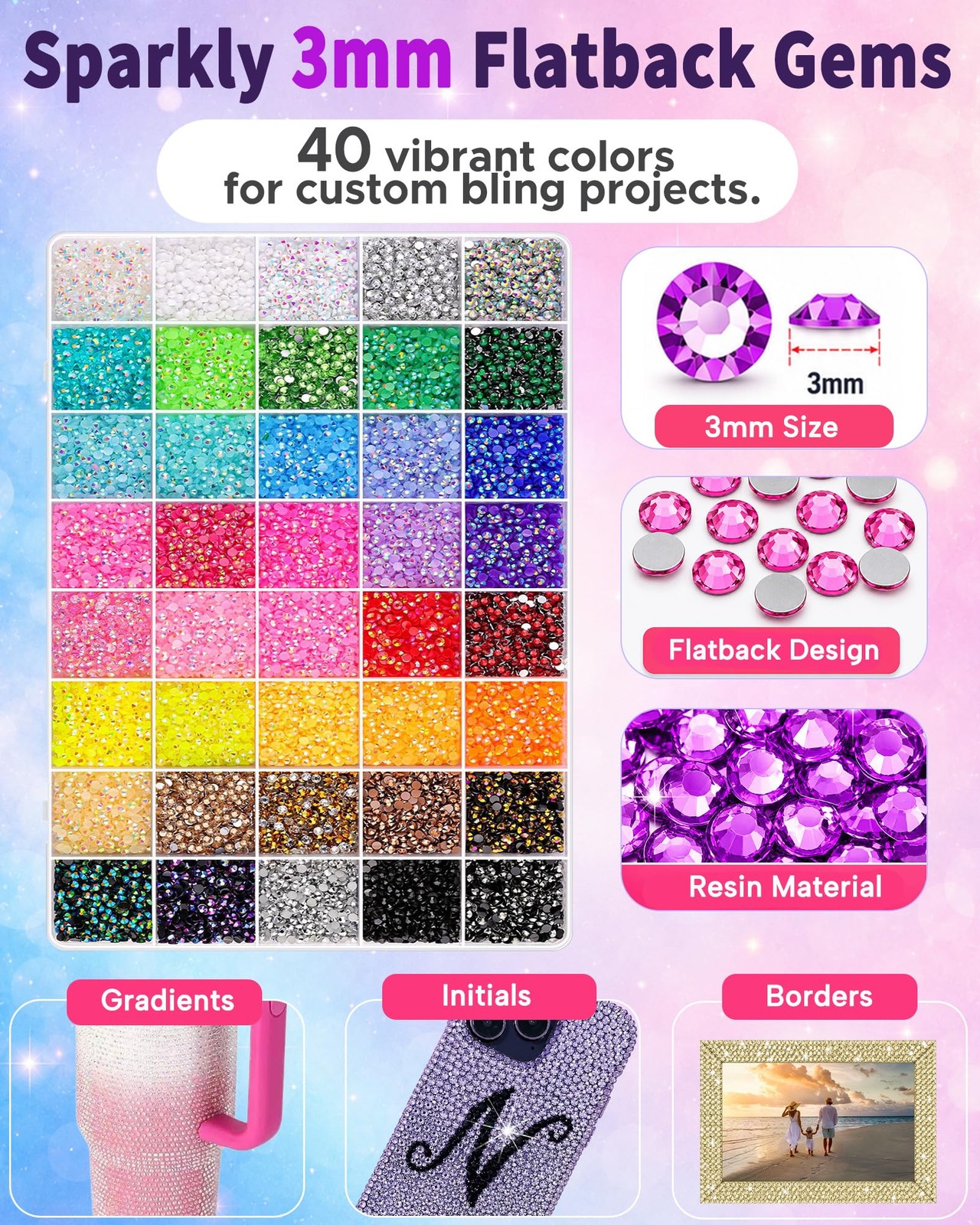50000 Pcs 3mm Flatback Rhinestones Kit for Bedazzling, 40 Colors