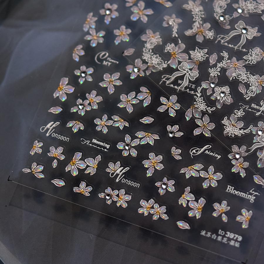 Flower Nail Art Stickers Decals 5D Embossed Pink pink shiny diamond flower