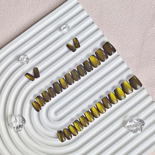 Cat Eye Press On Nails Short, 30 Pcs Glitter Black Gold Press On black gold