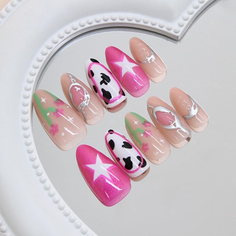 Almond Press on Nails Short Nude Fake Nail Cow Print with 3D Embossed Design …