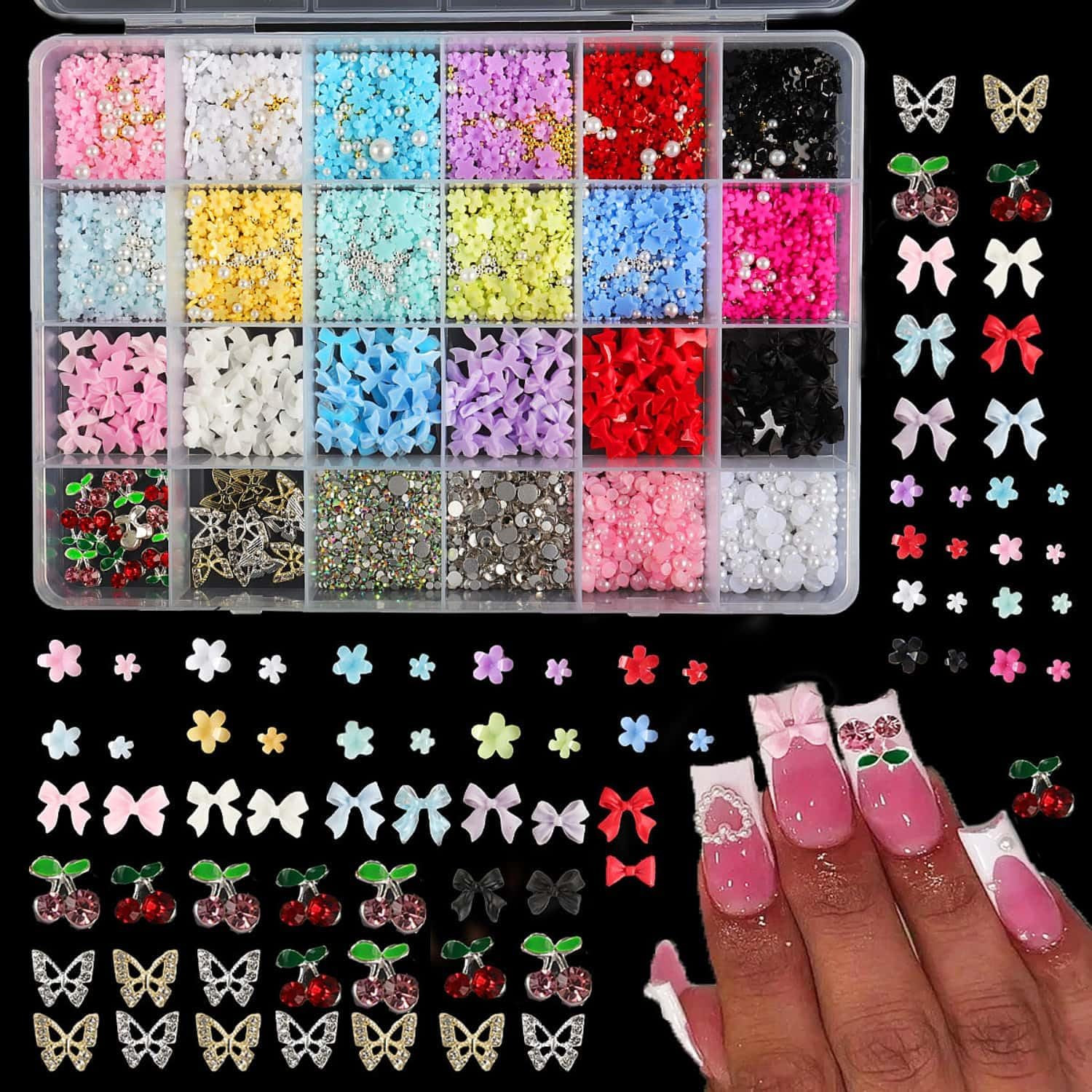 3200PCS 3D Nail Charms Set – Bulk Bow Nail & Flower Nail Charm, Flatback Pearls,