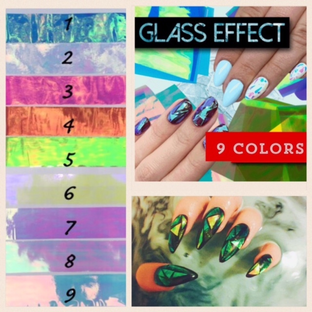 BROKEN GLASS Nail Foil 9 Colours NAILS Stickers Mirror Transfer Shimmer Effect