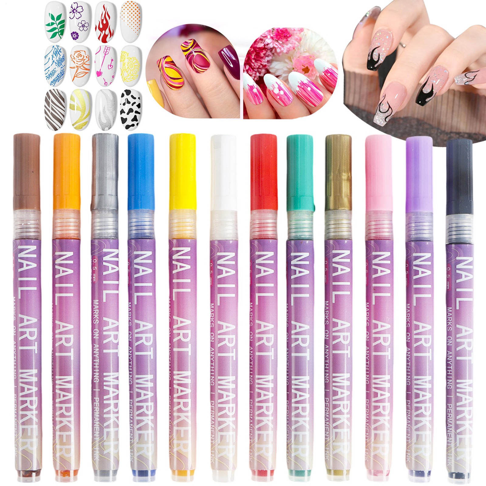 12 Colors 3D Waterproof Nail Polish Pens Set Quick-Drying Nail Polish Markers US