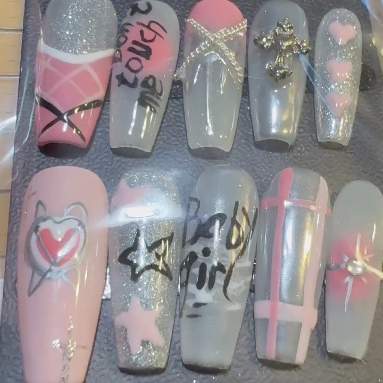 Handmade Full Acrylic Nails Pink Baby Girl Bow Star Glitter Medium Coffin