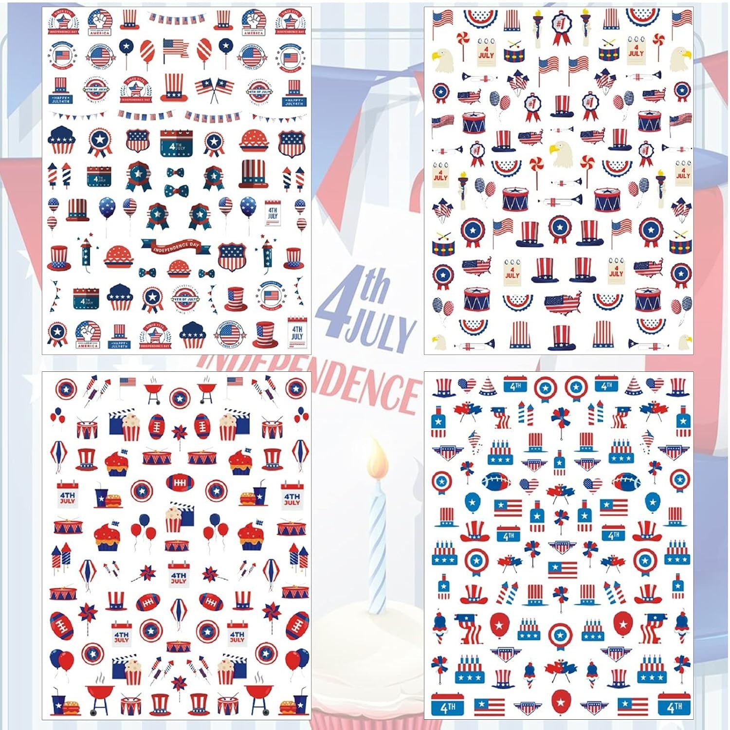 12 Sheets 4th of July Nail Decals Stickers, Self Adhesive Independence Day Pa…
