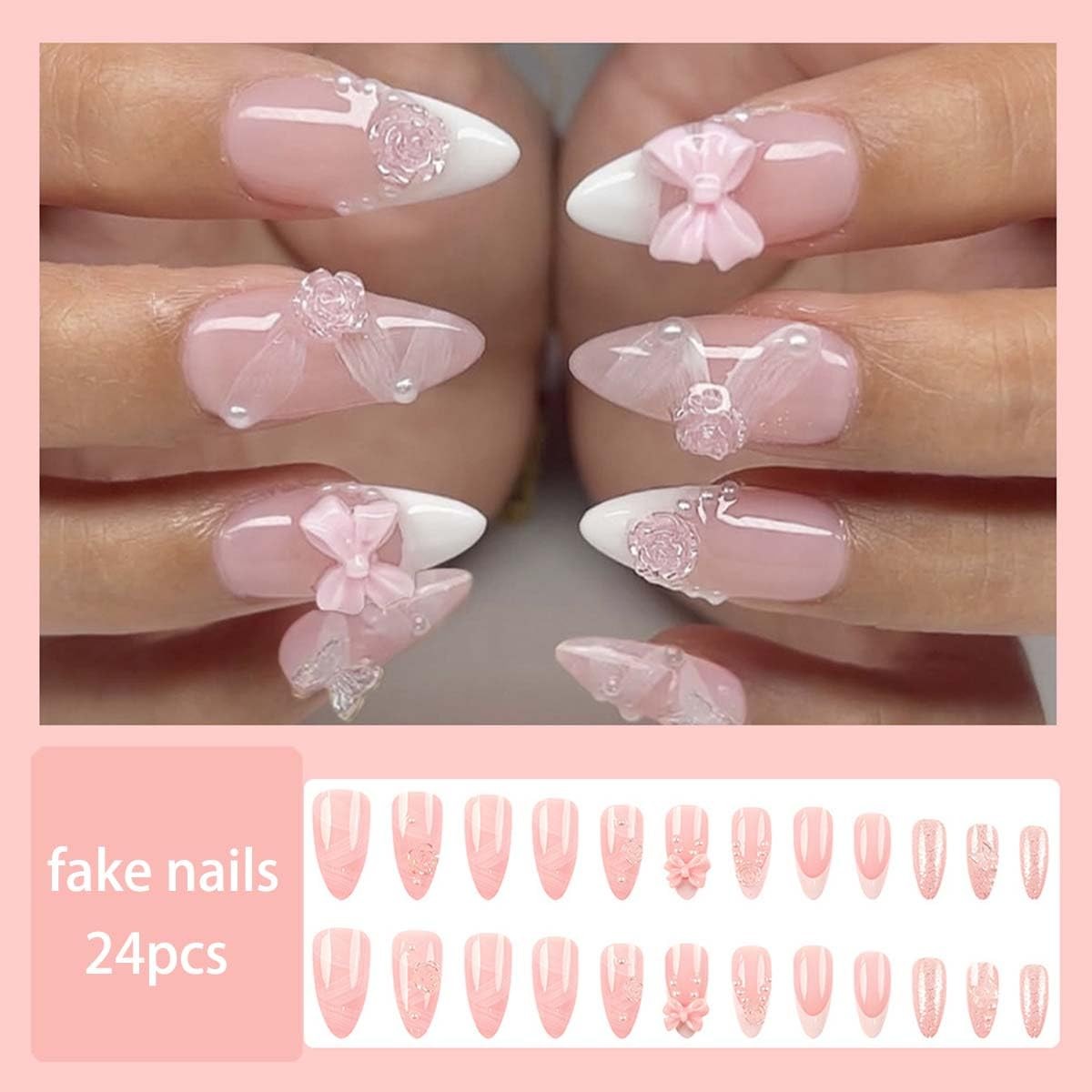 24Pcs French Tip Press on Nails Medium Almond Bow 3d Flower Fake Nails With P…