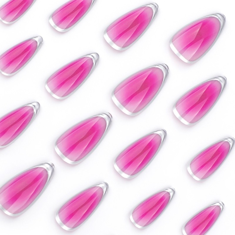 Fashionable Rose Red And Silver French Almond Press on Nail Acrylic Nail Tips