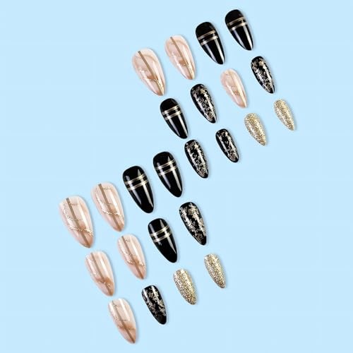 Black Amber Press on Nails Almond Fake Nails Medium Length Gold Foil style2