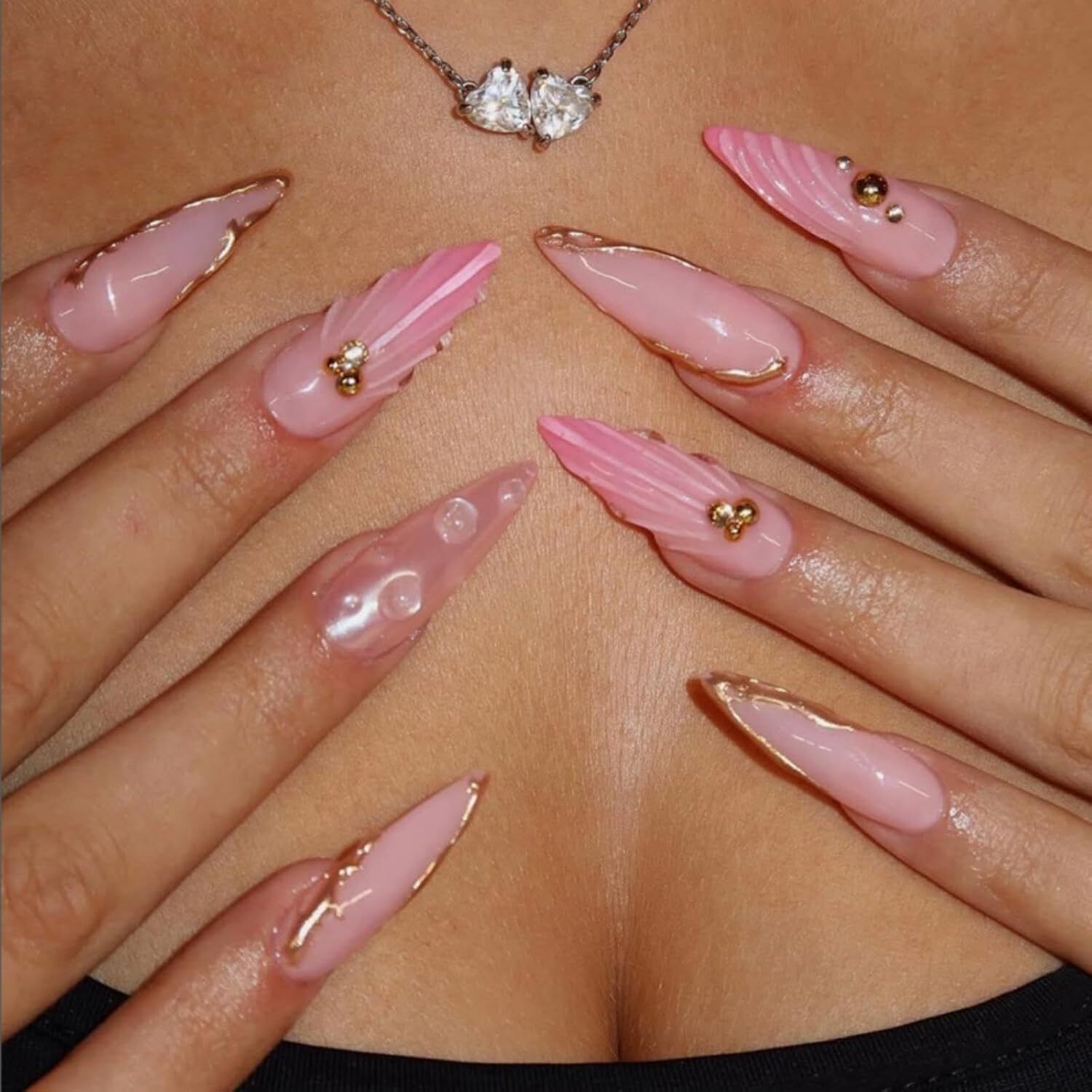White French Tip Press On Nails Medium Almond 5D Flower Pearl Fake Nail Set
