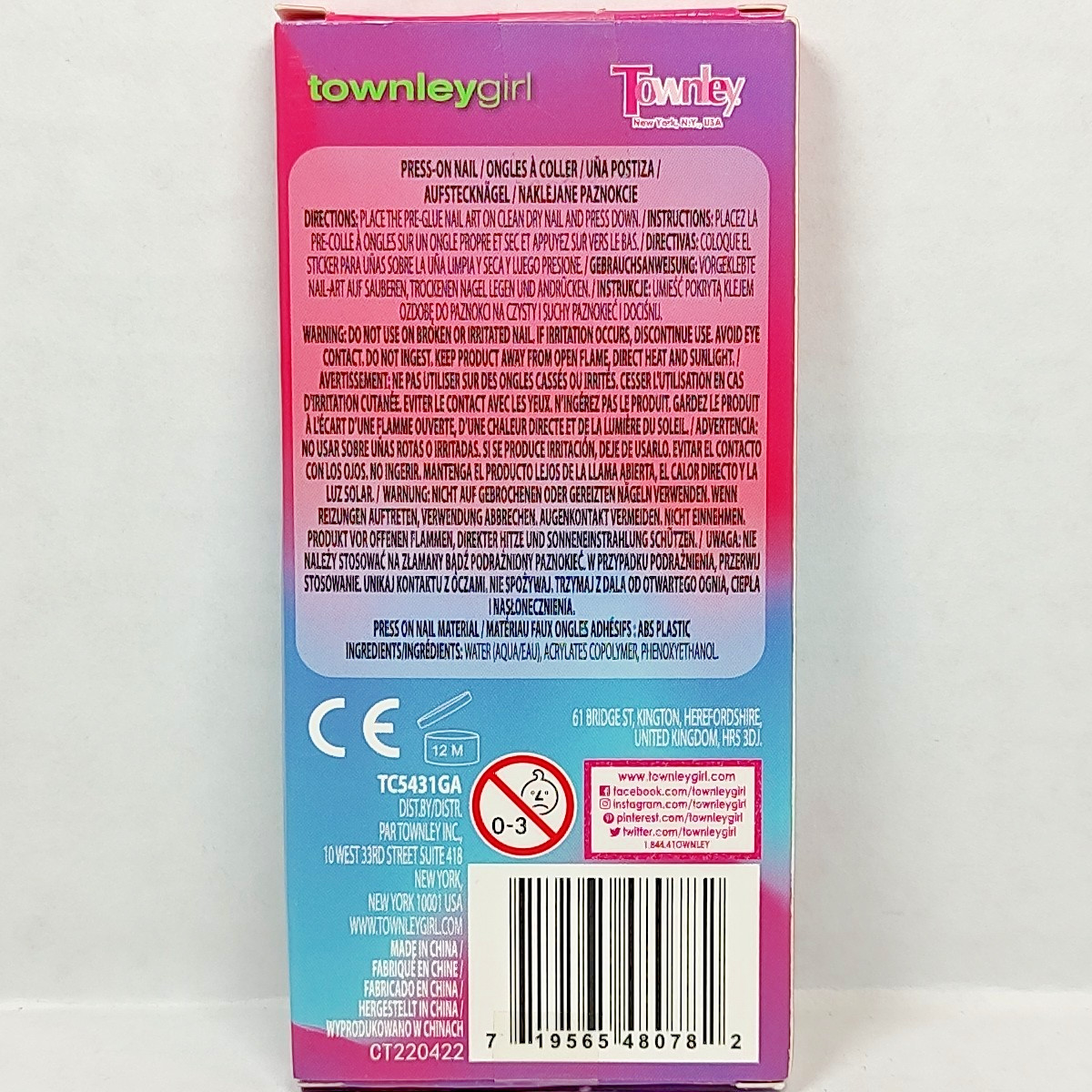Townley Girl Press-on Nail Art 12 Pieces Pastel Rainbow Colors Pre-Glued Age 3+