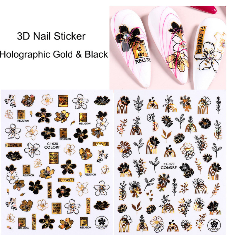 8Pcs Nail Art Sticker Black Gold Flower Clover Abstract Face Letter Slider NS18