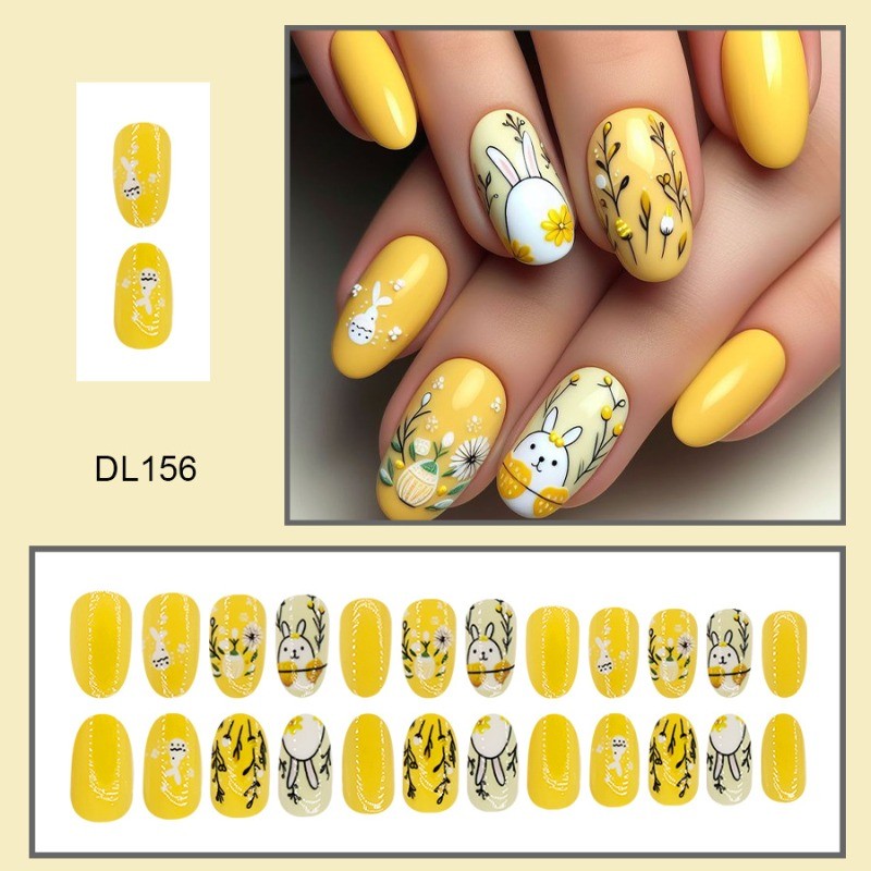48PCS Oval Yellow Reusable Nail Art with Rabbit Egg Flower Fake Nails