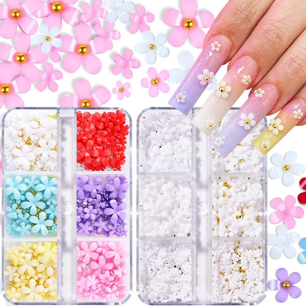 3D Flower Nail Charms, 2 Boxes 3D Acrylic Flower Nail Art Rhinestones White P…