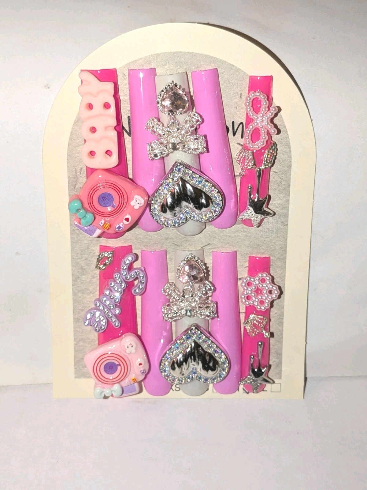 Handmade 3xl Acrylic Pink Rhinestone Heart & Bow Decorative Press-On Nails Sz L