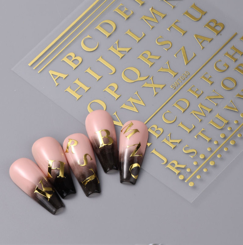2 Sheets English Letter Number Nail Art Sticker Silver Gold Art Roman Decal NS20
