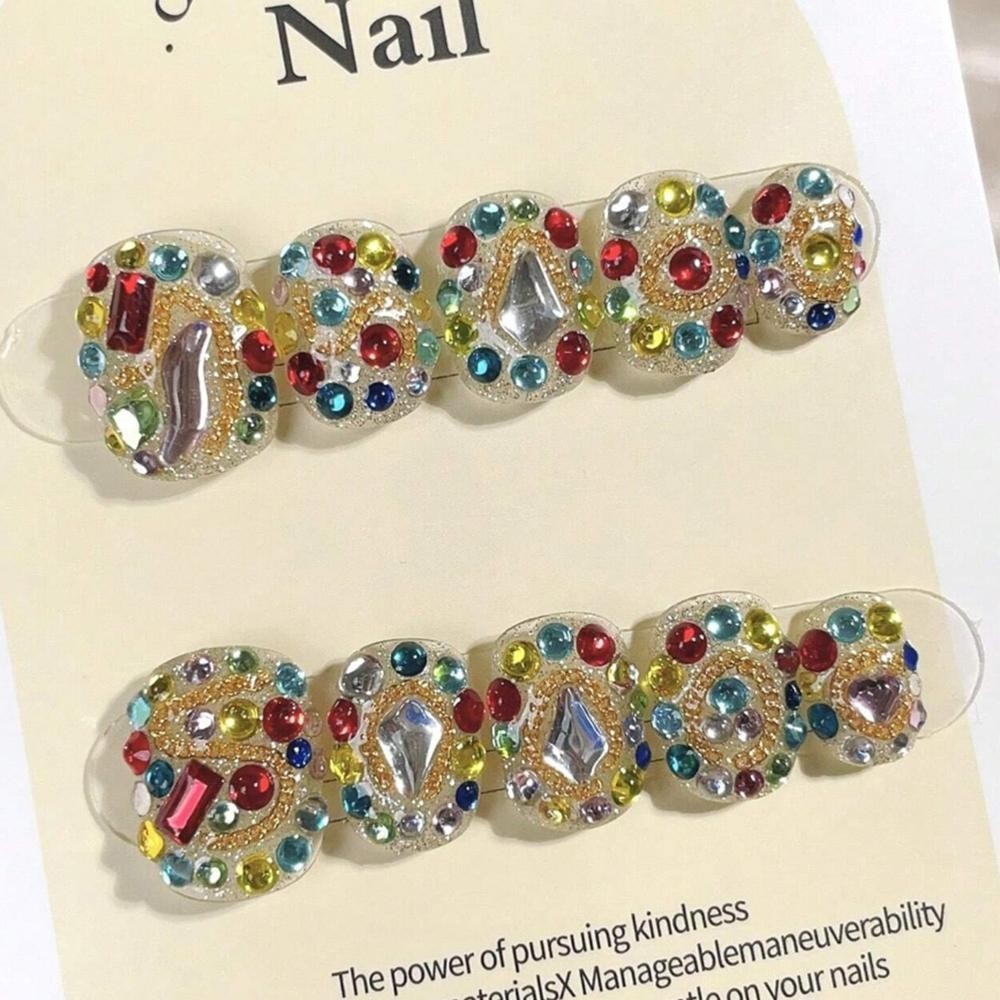Handmade Colorful Full Stone Press On Nails Short Square Press on False Nails