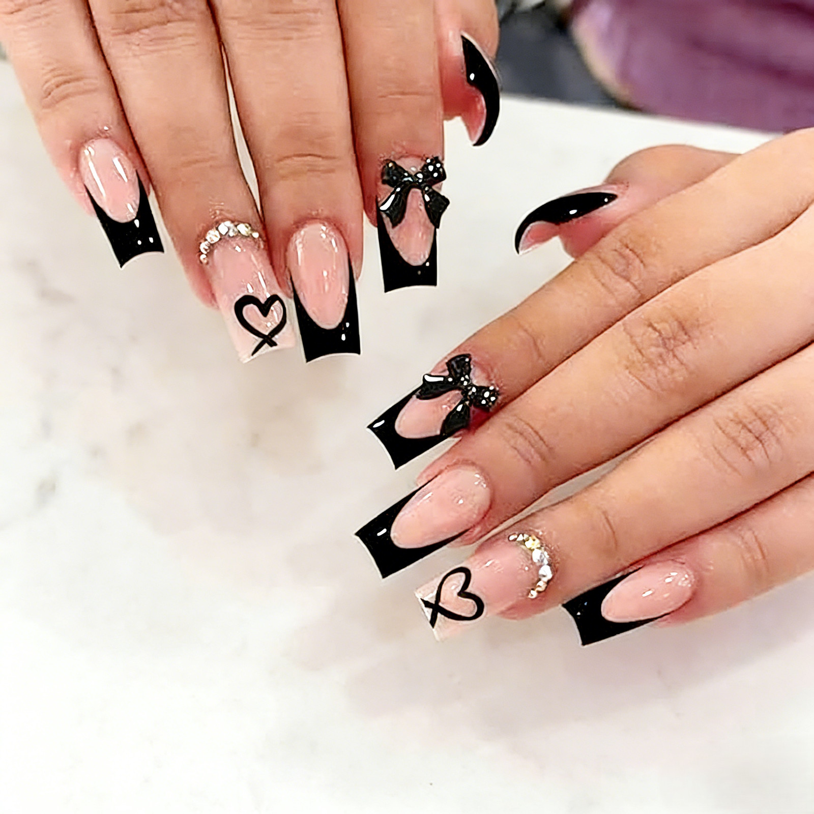 Black French Tip 3D Bow Long Square Press On Nails 24Pcs Reusable False Nails