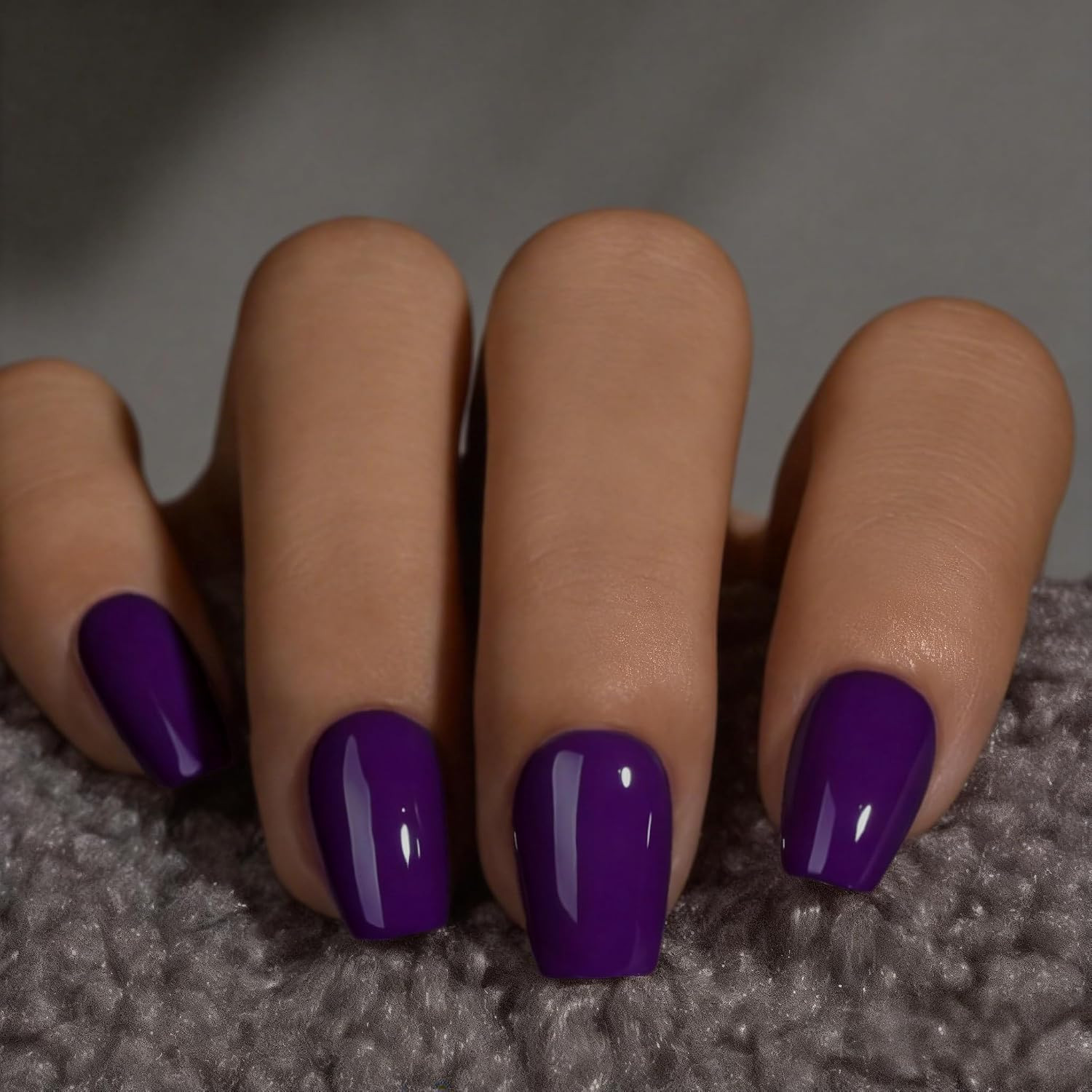 Press on Nails Short – Dark Purple Press on Nails Coffin with Glue, Glossy Simpl